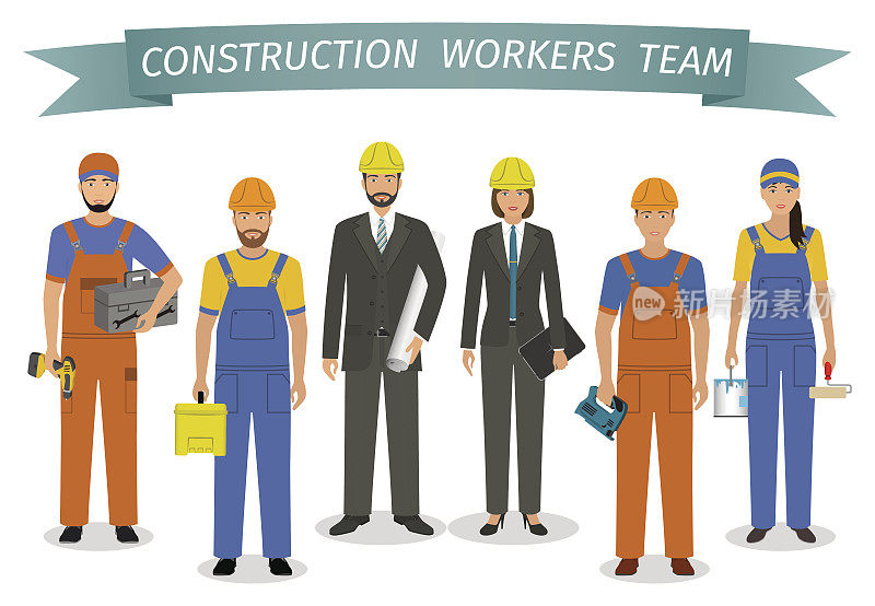 建筑工人团队。就业和劳动节横幅。一群工业人物站在一起。