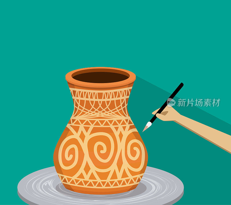 艺术家绘画古代部落陶器，向量