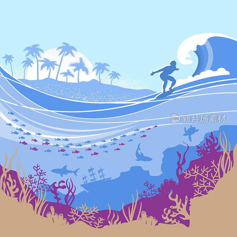 大海浪和热带岛屿在矢量蓝色背景与冲浪者