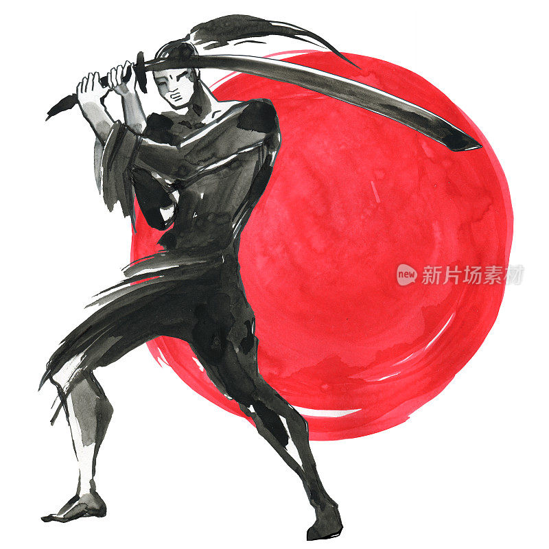 轮廓的武士。中国风格。水彩手绘插画