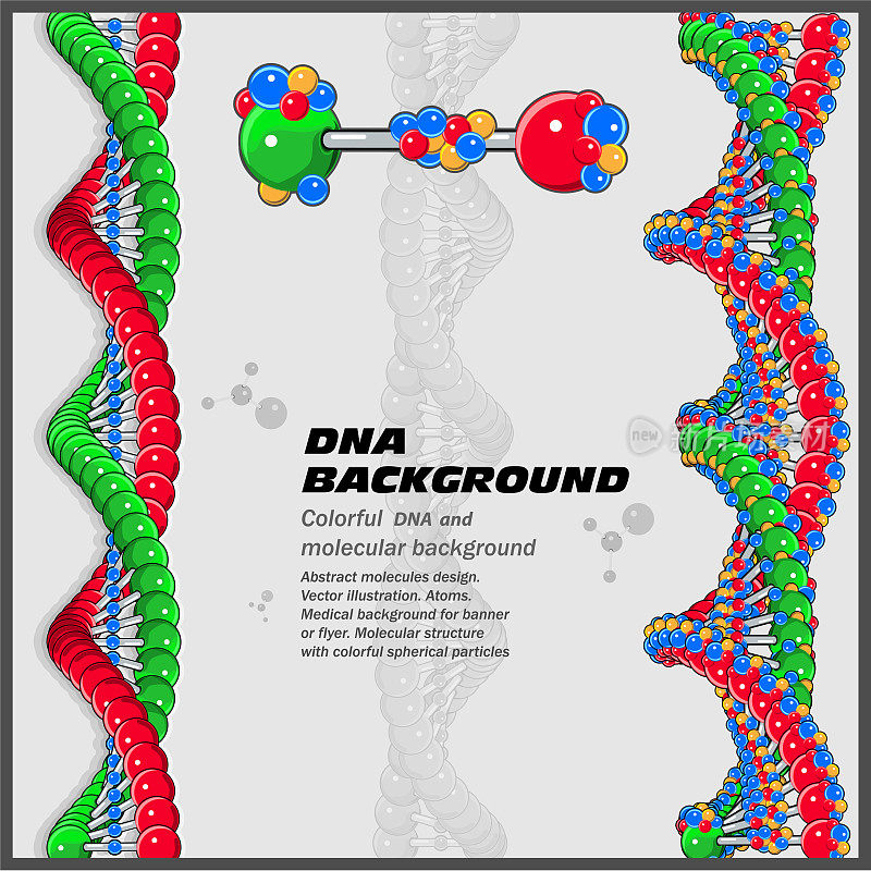 抽象分子DNA设计。矢量插图。原子。旗帜或传单的医学背景。带有彩色球形粒子的分子DNA