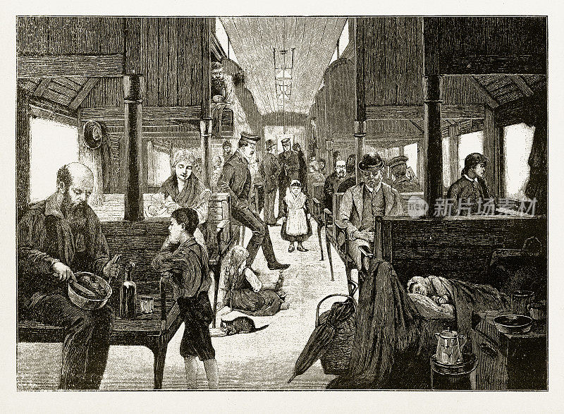 移民乘三等铁路向西旅行，早期美国雕刻，1870年