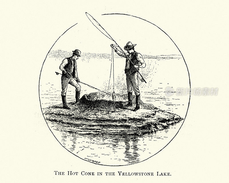 钓鱼，黄石湖的热锥，19世纪