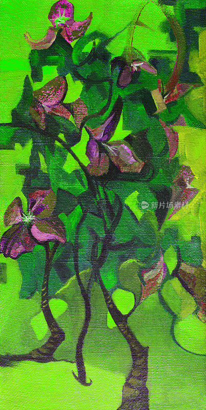 时尚的插画现代艺术作品我的油画原画在画布上垂直的夏季阳光装饰景观开花的紫色铁线莲灌木