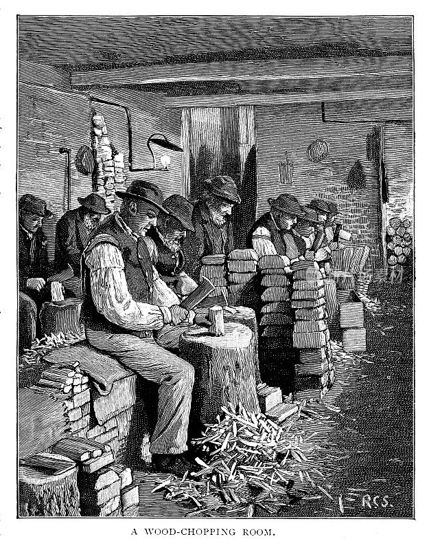 维多利亚时代的黑白版画中，一位老人坐在济贫院里劈柴，题名为“劈柴屋”;摘自一篇关于“贫民的分类”的文章;19世纪的贫困和妇女;1892年英语了