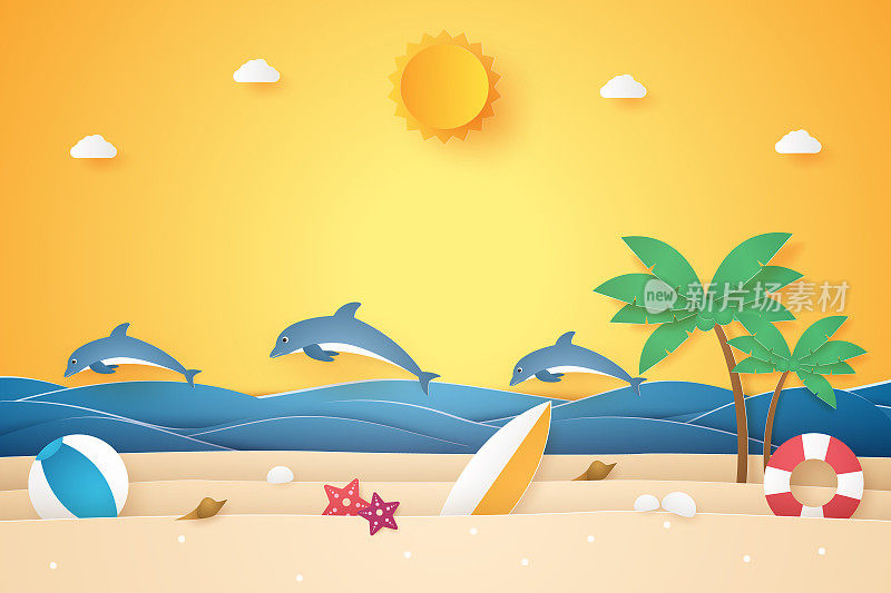 夏天的时候，大海和沙滩上有海豚和东西，纸艺术风格