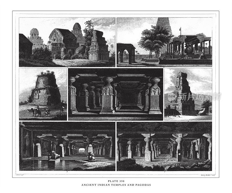 古代印度寺庙和宝塔雕刻古董插图，出版于1851年