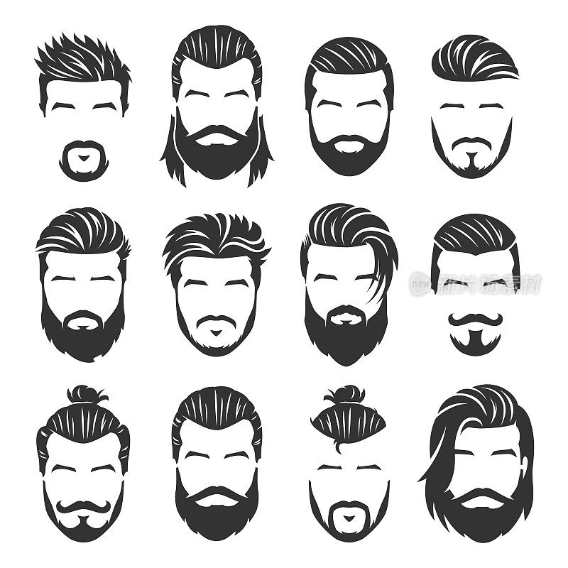 12组矢量胡子的男人脸与不同的发型和风格包