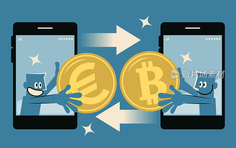 两名商人从手机大屏幕上出现，正在将欧元(欧盟货币)转换为比特币加密货币