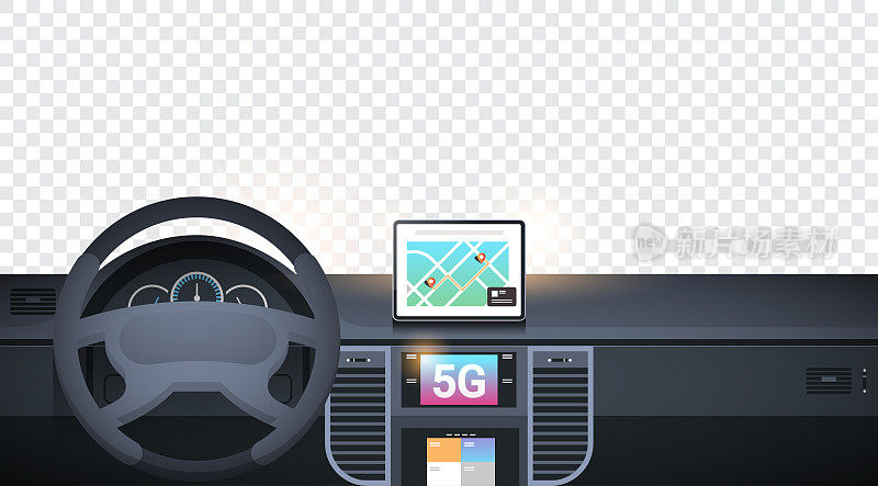 驾驶室与智能驾驶辅助5G在线通信网络无线系统连接概念gps导航系统仪表盘屏幕汽车内部透明背景水平