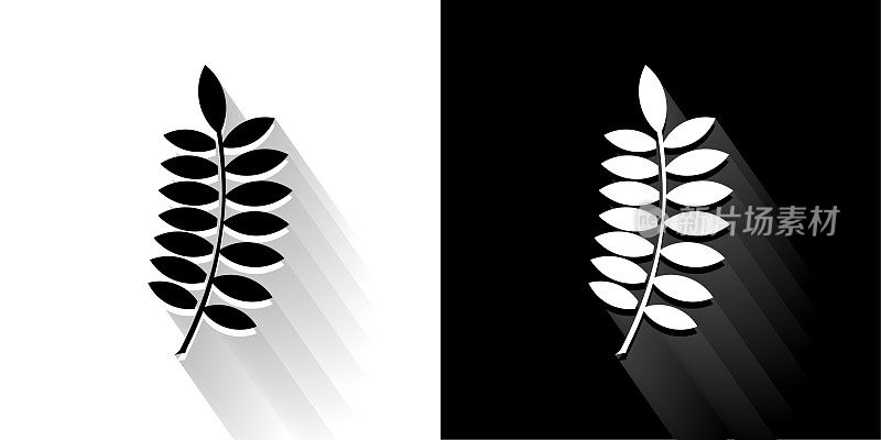 植物叶黑色和白色图标与长影子