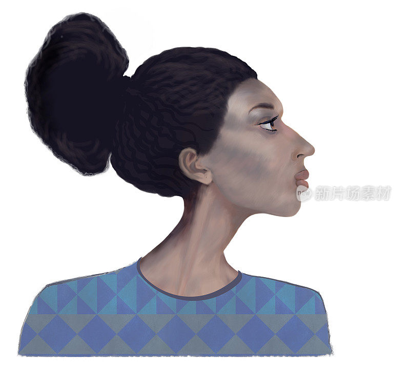 一个非洲型女孩的风格化肖像-法拉希穿着一件带有装饰图案的裙子