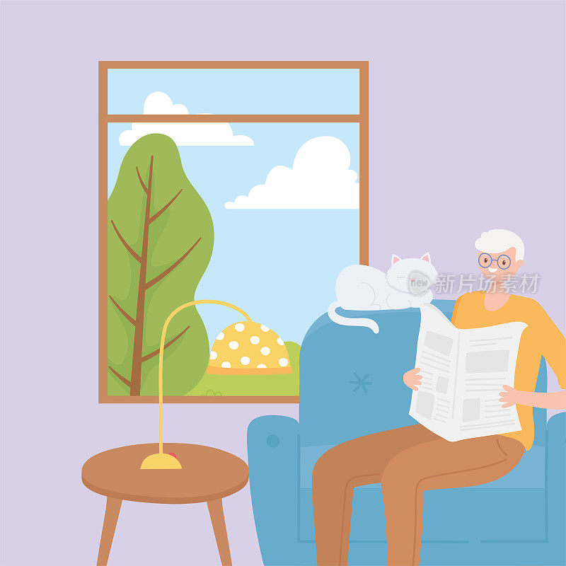 活动老年人，快乐的老人坐在椅子上读报纸，她的猫靠近窗户