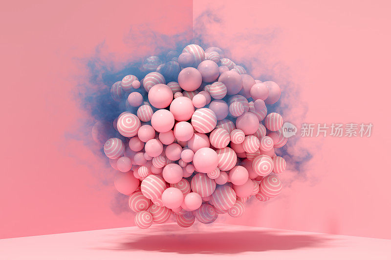 3D抽象飞行球与烟在粉红色的背景
