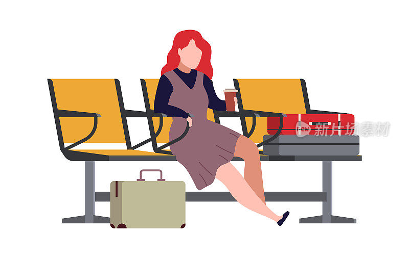 女士在机场候机室或候机室。女性人物坐在椅子上拿着行李等飞机，乘客用行李箱矢量平面卡通插图
