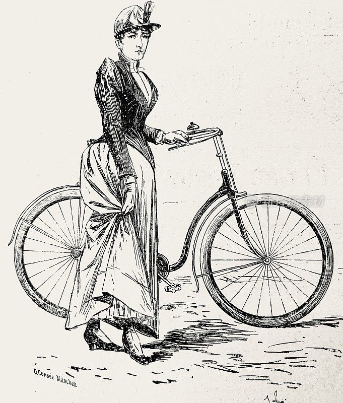 穿着优雅的女人站在她的自行车旁边