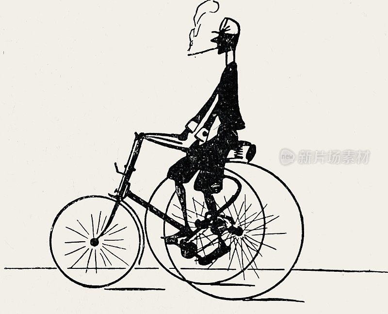 骑着三轮车的男人，白色背景上的侧视图