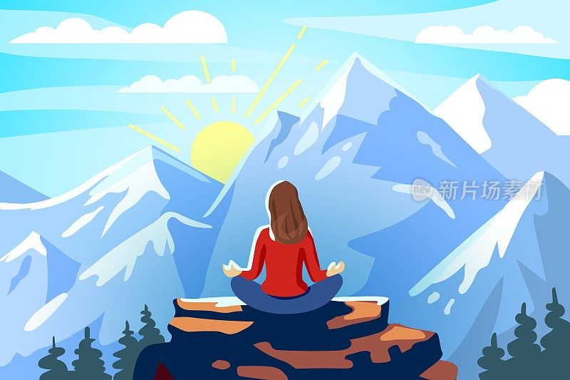 女人和瑜伽冥想和静修在山上矢量插图