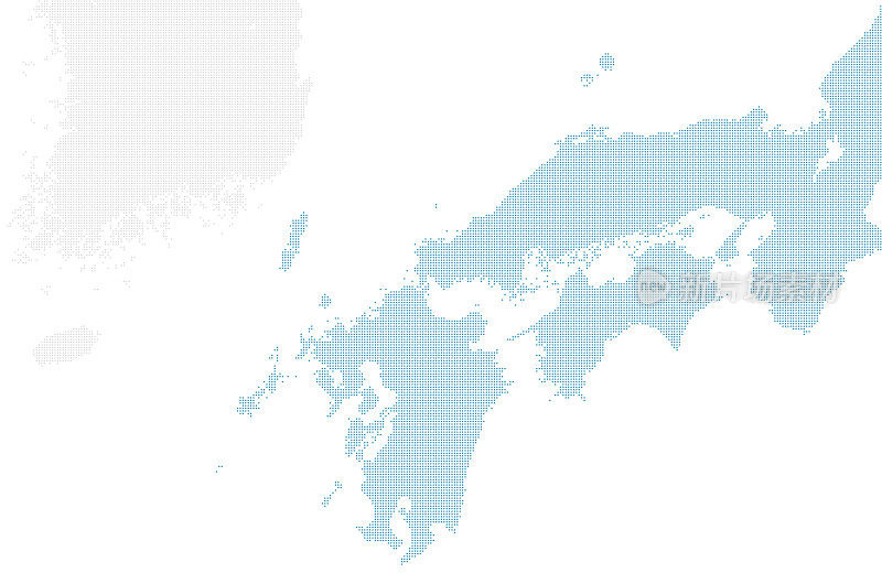 蓝色虚线地图。日本西部和韩国。