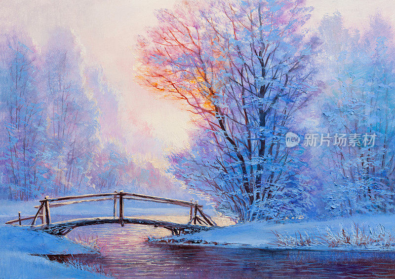 白色的桥横跨河面，冬天的风景。绘画:帆布,石油。