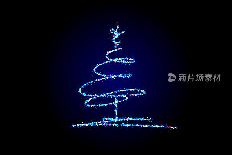 用蓝色的灯在黑暗的背景做成的程式化的圣诞树。魔法仙尘，闪耀星尘。