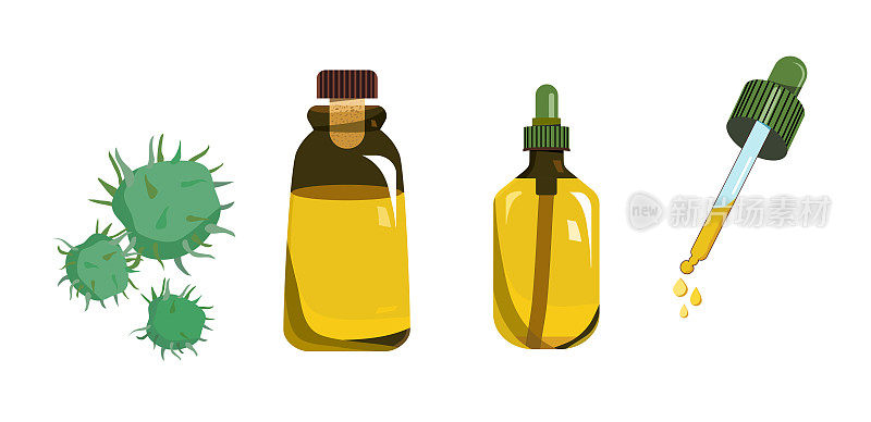 蓖麻油在玻璃小瓶与软木和瓶子与滴管。水果为草药或美容工业。美容用植物提取物。头发和指甲的灵丹妙药或精华液。