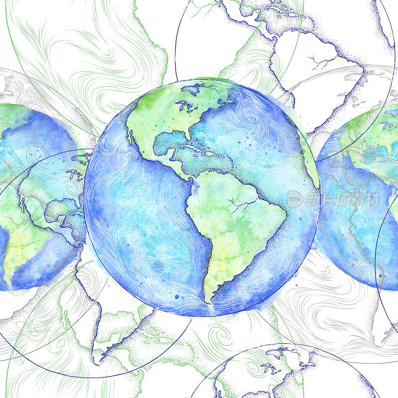 地球无缝模式，水彩和墨水插图-地球日-矢量EPS10插图
