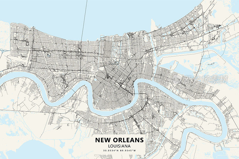 新奥尔良，路易斯安那州美国矢量地图