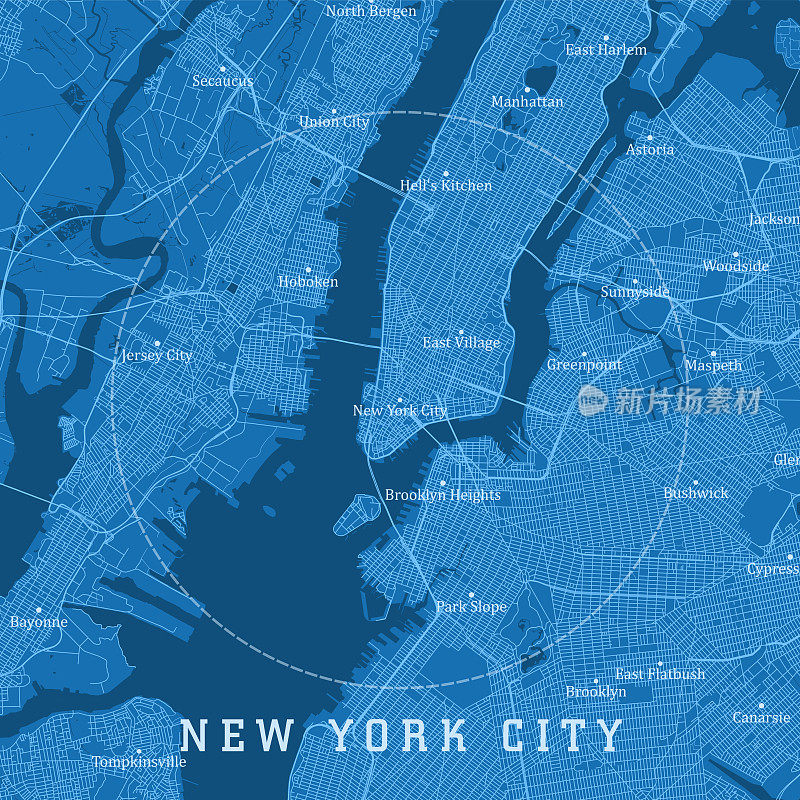 纽约市纽约城市向量道路地图蓝色文本