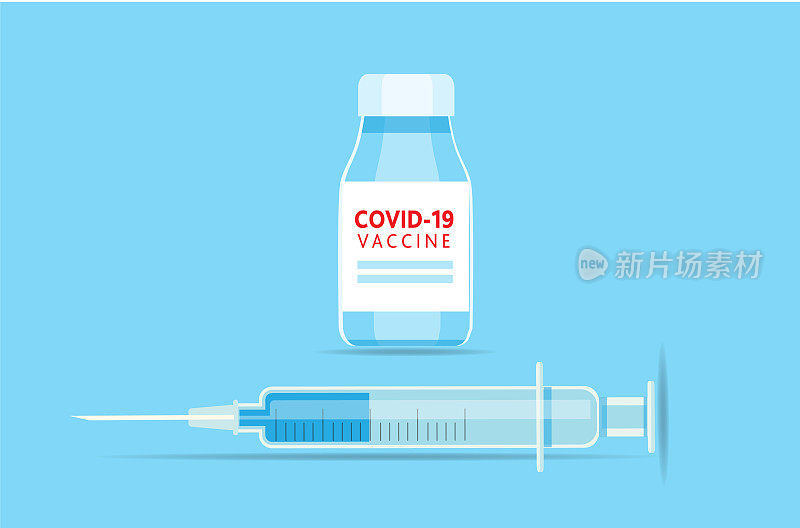 Covid-19流感疫苗注射器和瓶子上的蓝色背景图标