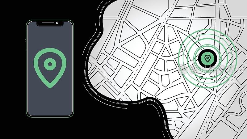 GPS导航服务应用。智能手机地图应用程序。搜索地图导航上的应用程序。定位pin在屏幕上。