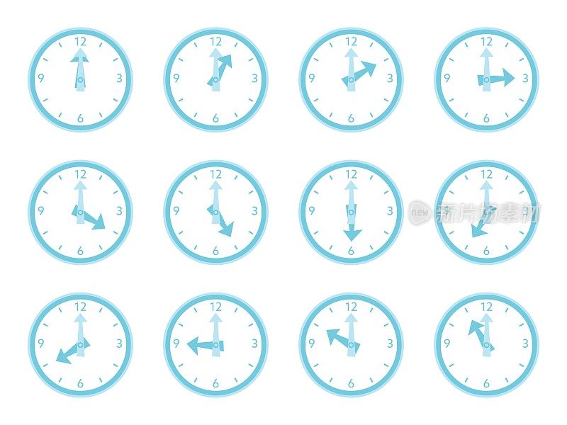 一套简单的蓝色时钟的插图。