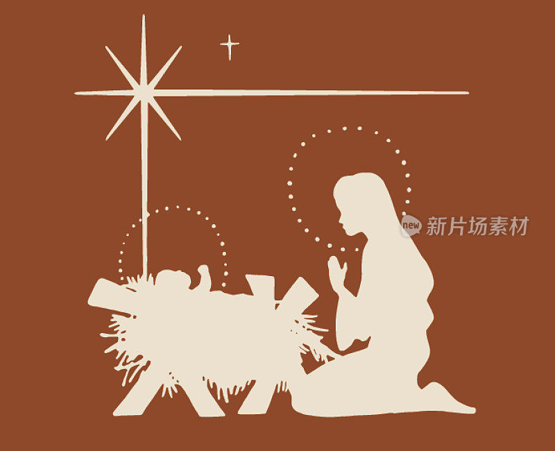 玛丽跪在耶稣面前的马槽里