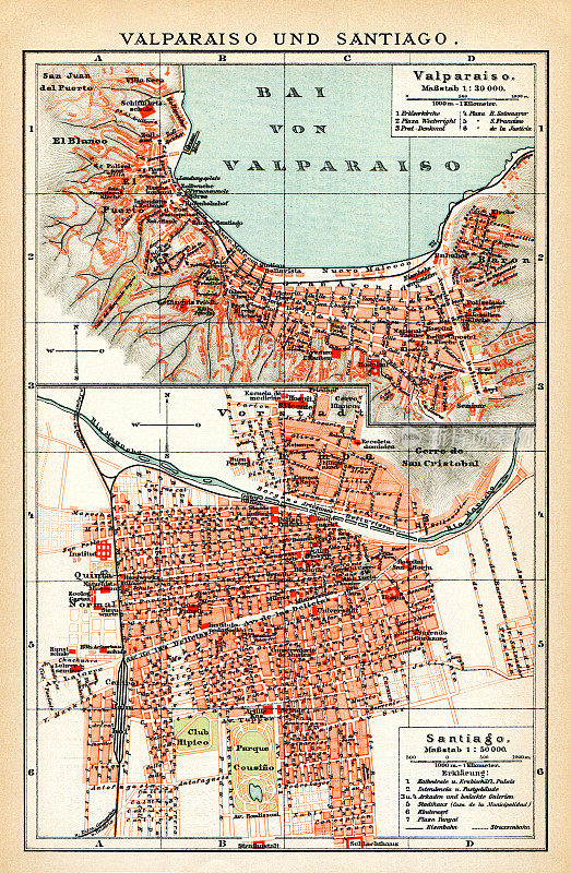 瓦尔帕莱索和智利圣地亚哥地图，1895年