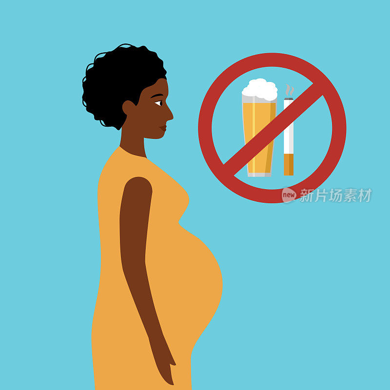 怀孕期间不喝酒不抽烟。孕妇避免喝酒和吸烟，保持身体健康。在平坦的设计中，非洲孕妇在啤酒和香烟上有禁止标志。