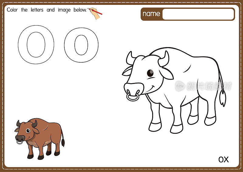 矢量插图的儿童字母着色书页与概述剪贴画，以颜色。字母O代表Ox。