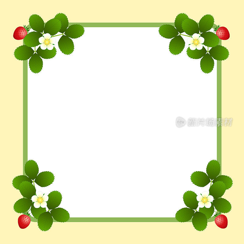 绿色边框，饰红草莓、绿叶、白花
