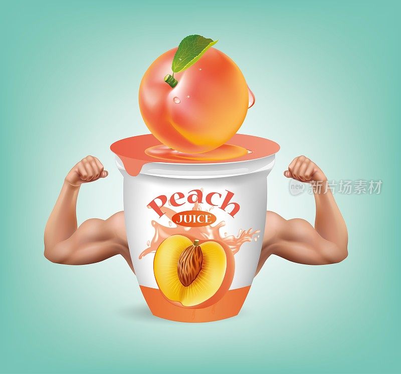 桃子酸奶杯强壮的手臂肌肉。说明向量