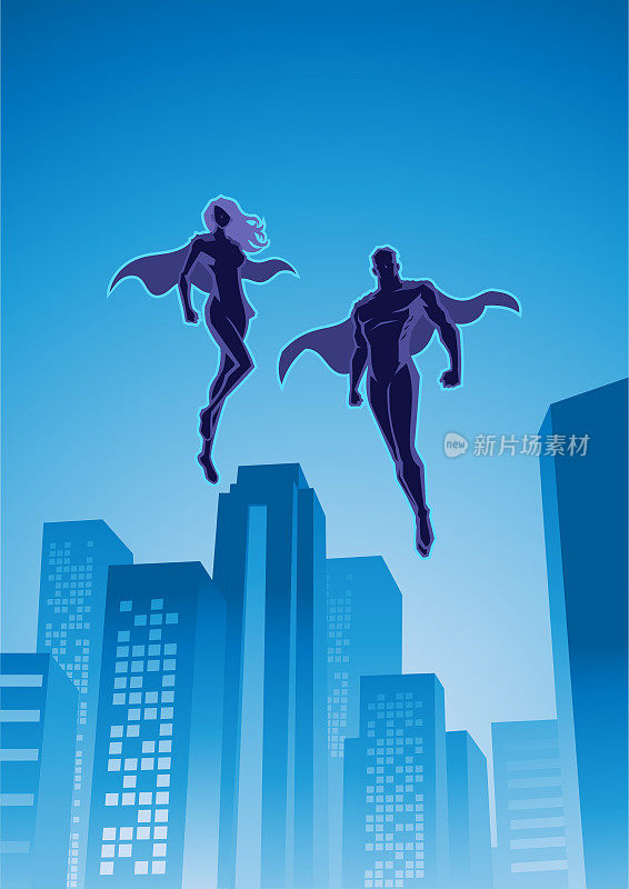 矢量超级英雄漂浮在空中的城市股票插图