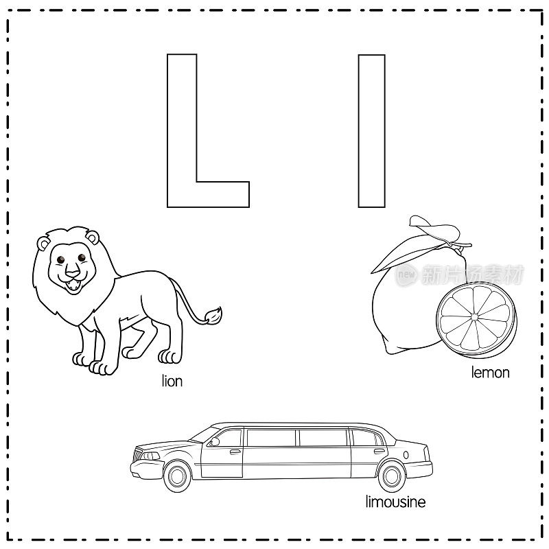 向量插图学习字母L的小写和大写的儿童与3卡通图像。狮子豪华轿车柠檬。