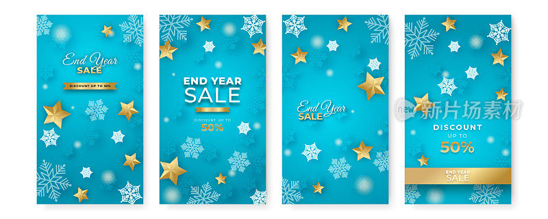 冬季圣诞装饰年底和新年出售。圣诞故事社交媒体模板。冬天的圣诞节有气球、星星和雪花。