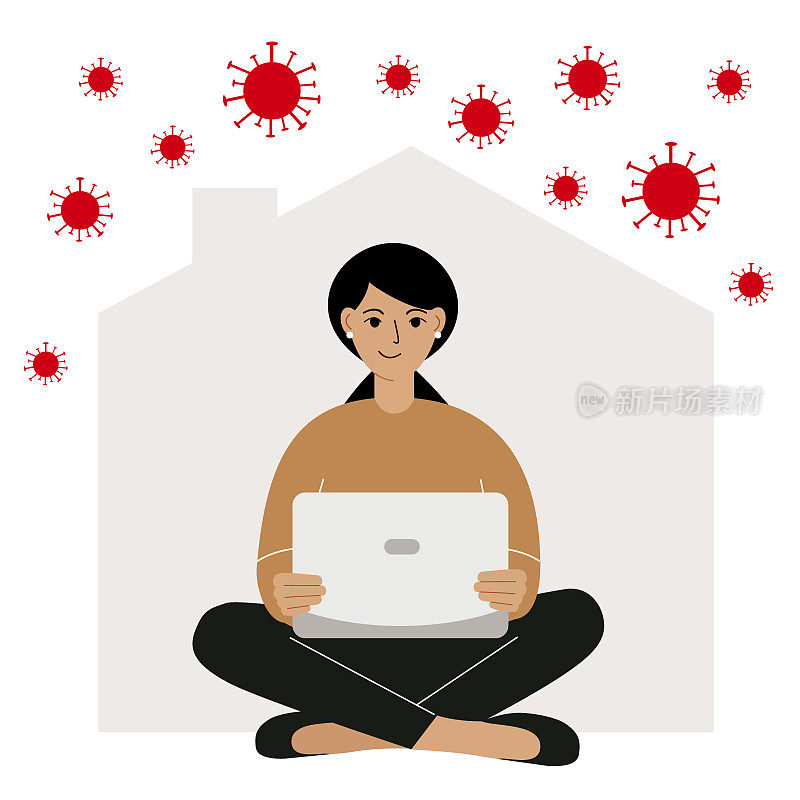 Self-quarantine概念。在病毒爆发期间在家工作。用笔记本电脑工作的人