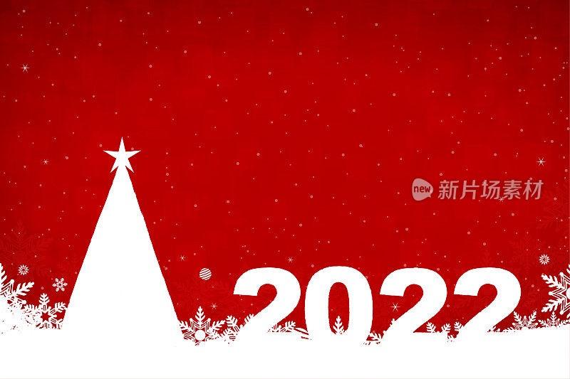 闪闪发光的圣诞矢量水平红色背景与文本年2022和一个白色的平原三角形树与星星在顶部和雪花和闪亮的点在明亮的活力栗色背景底部