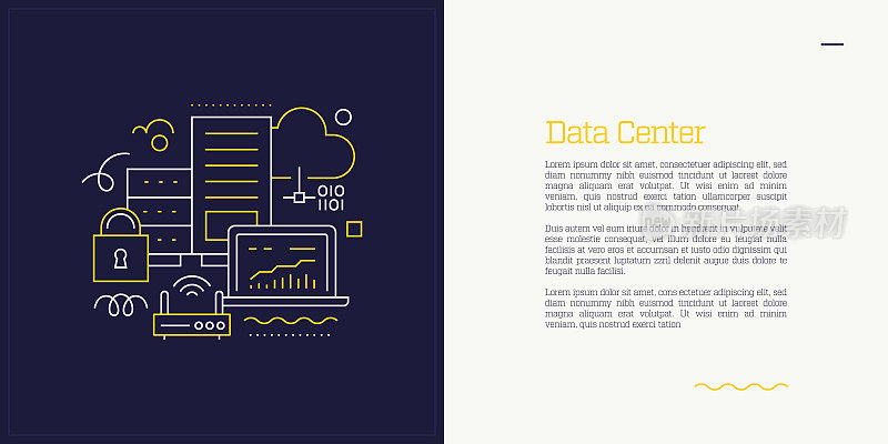 矢量集插图数据中心的概念。线条艺术风格的网页，横幅，海报，印刷等背景设计。矢量插图。