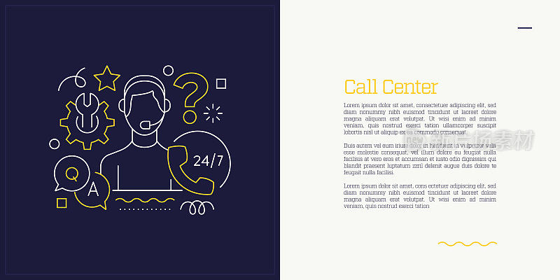 向量集说明呼叫中心的概念。线条艺术风格的网页，横幅，海报，印刷等背景设计。矢量插图。