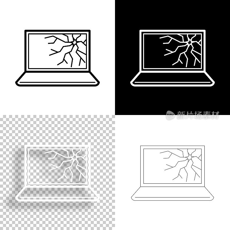 屏幕破碎的笔记本电脑。图标设计。空白，白色和黑色背景-线图标