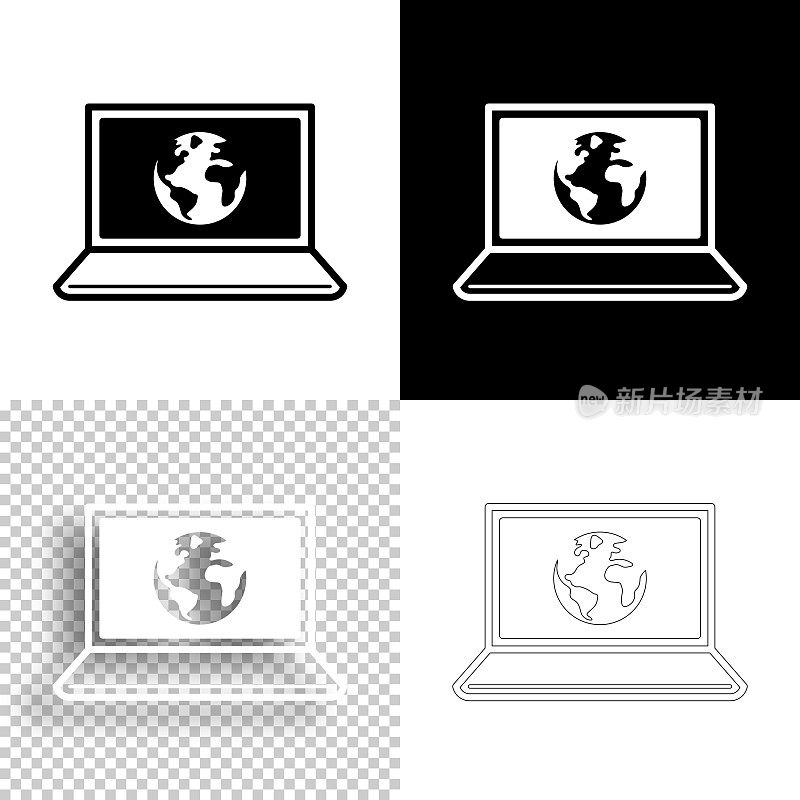 笔记本电脑与地球。图标设计。空白，白色和黑色背景-线图标
