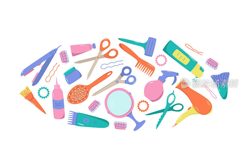 美容美发工具包，供美容院或家庭使用。为自己和头发护理的涂鸦图标的矢量插图。梳子、剃须刀、吹风机、卷发器等物品。