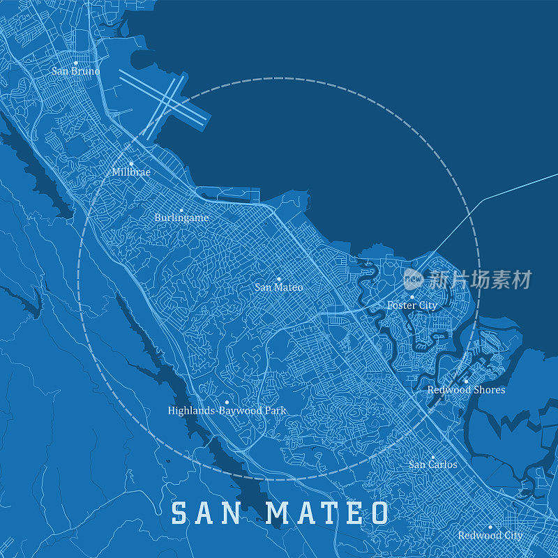 圣马特奥CA城市矢量道路地图蓝色文本