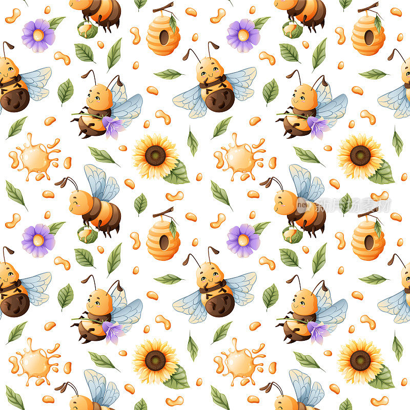 向量无缝模式与可爱的蜜蜂，蜂蜜和花朵。非常适合纺织品，壁纸，背景